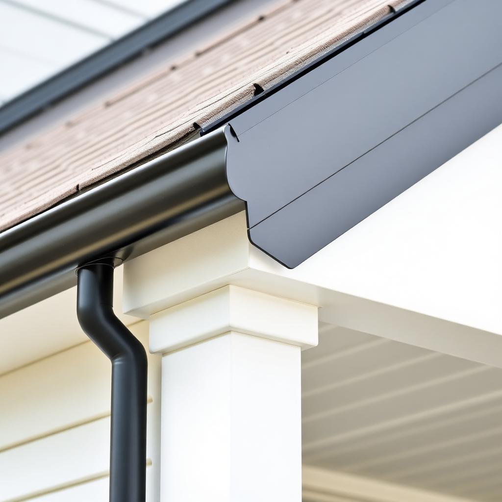 Black seamless gutter and downspout detail